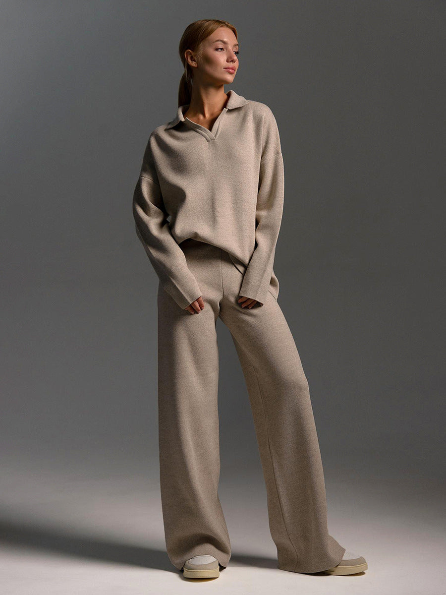 Women’s Loungewear Set – Polo Neck & Wide Leg Pants