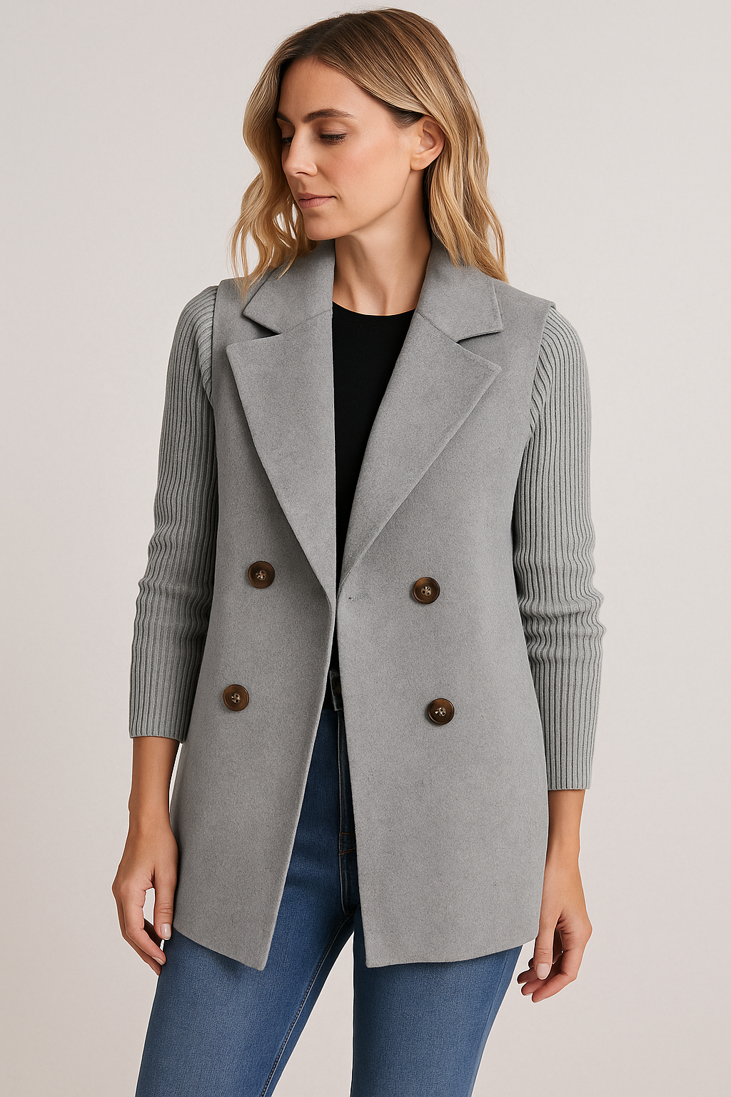 Knitted Sleeve Double-Breasted Blazer | Elegant Tailored Knit Jacket for Women | Clara