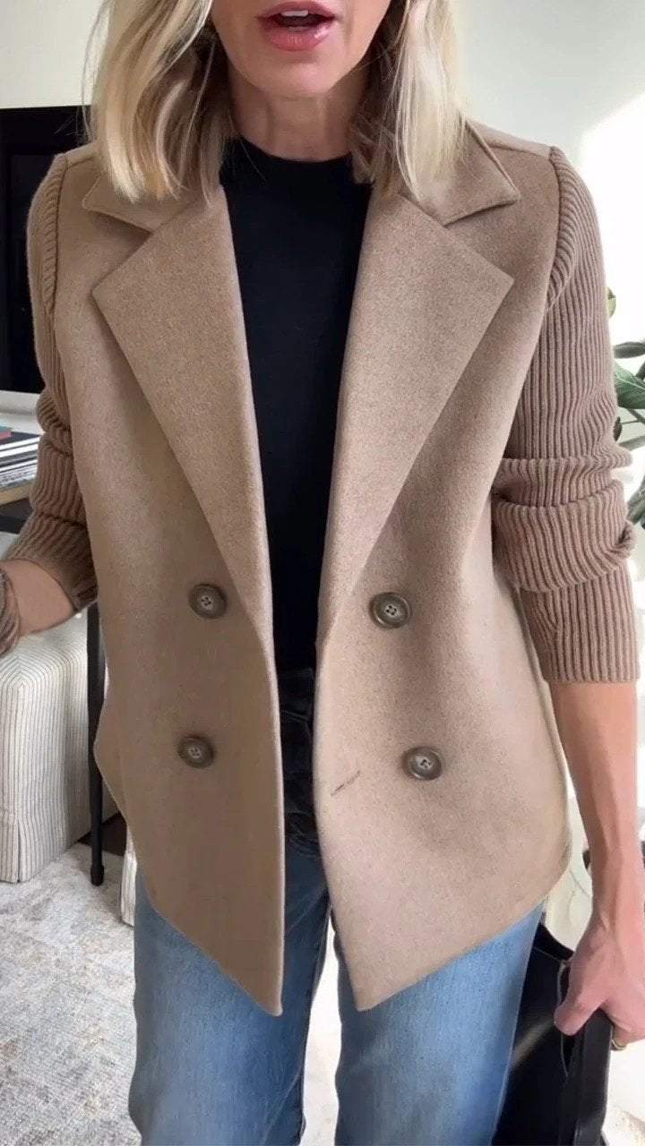 Knitted Sleeve Double-Breasted Blazer | Elegant Tailored Knit Jacket for Women | Clara