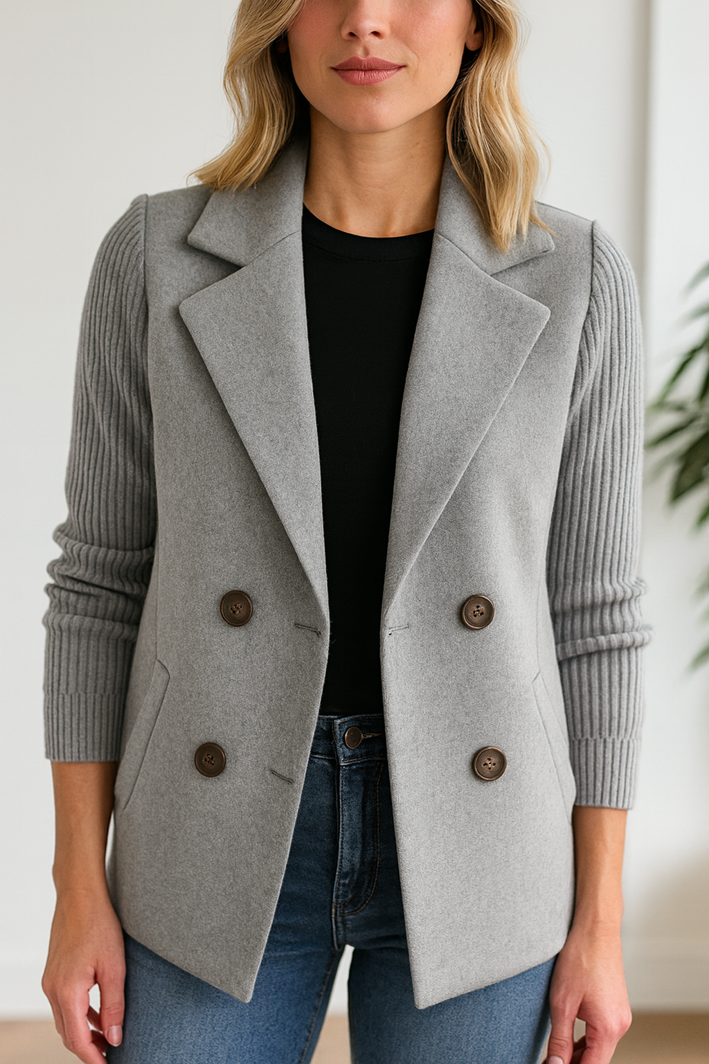 Knitted Sleeve Double-Breasted Blazer | Elegant Tailored Knit Jacket for Women | Clara