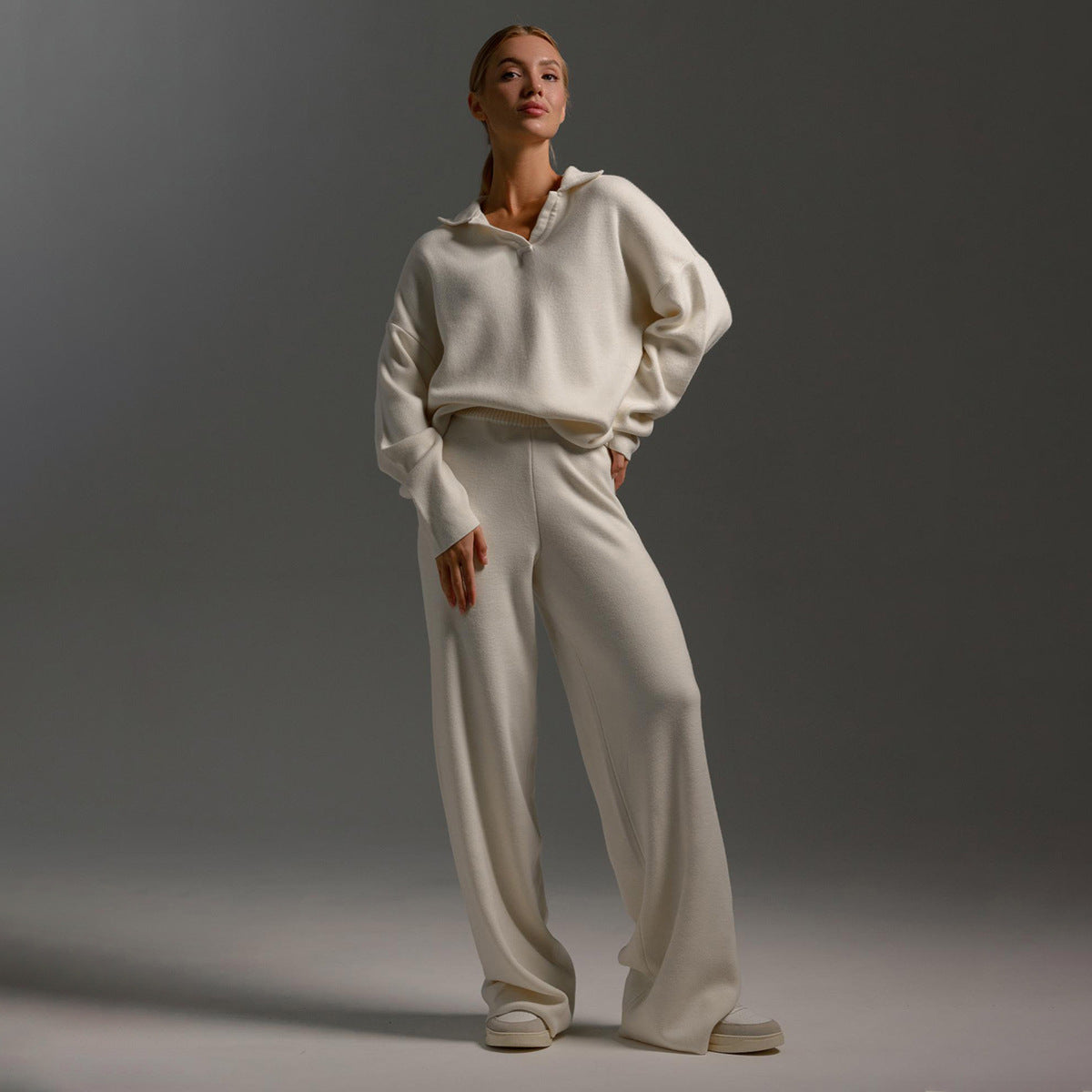 Women’s Loungewear Set – Polo Neck & Wide Leg Pants