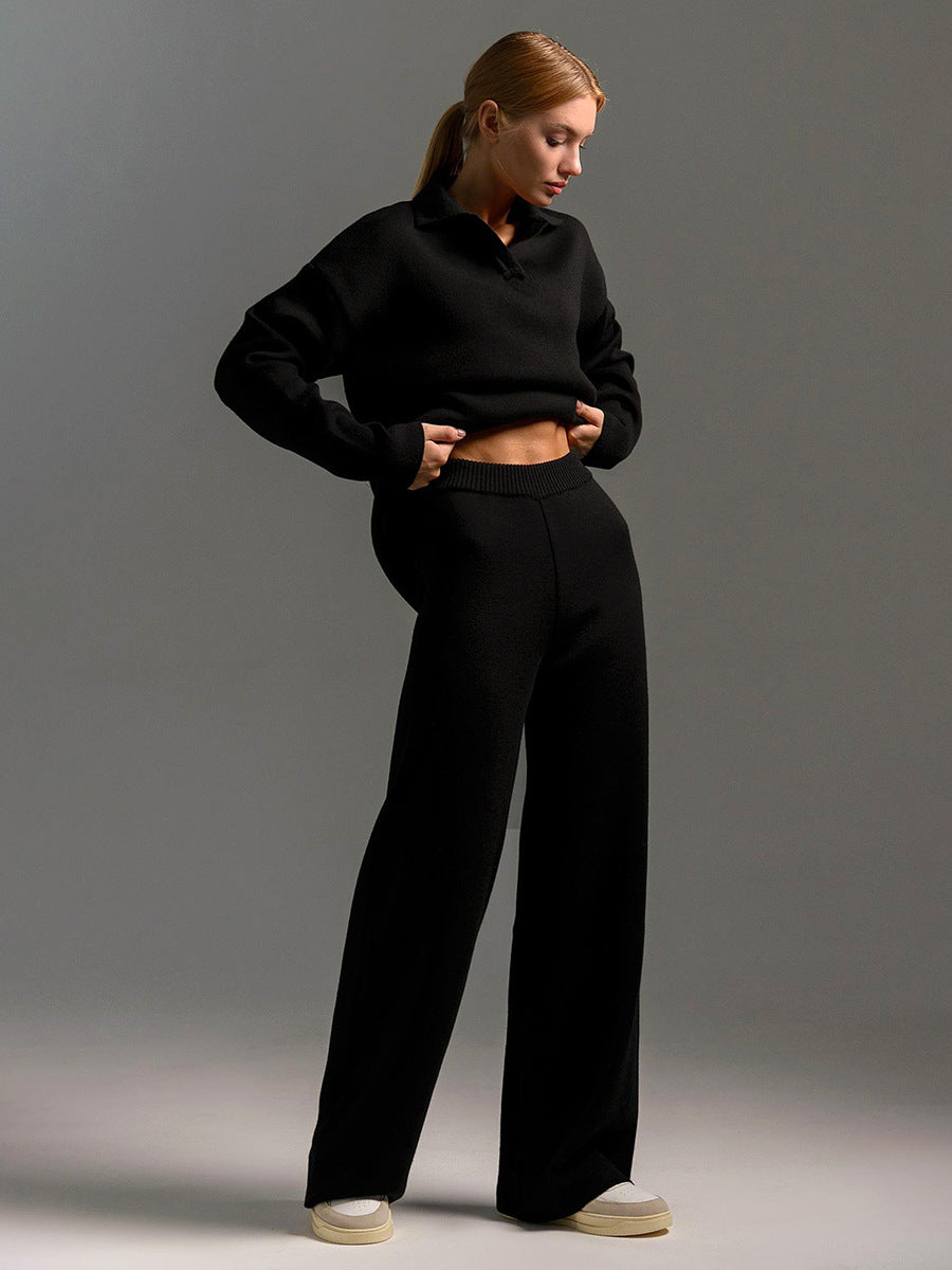 Women’s Loungewear Set – Polo Neck & Wide Leg Pants