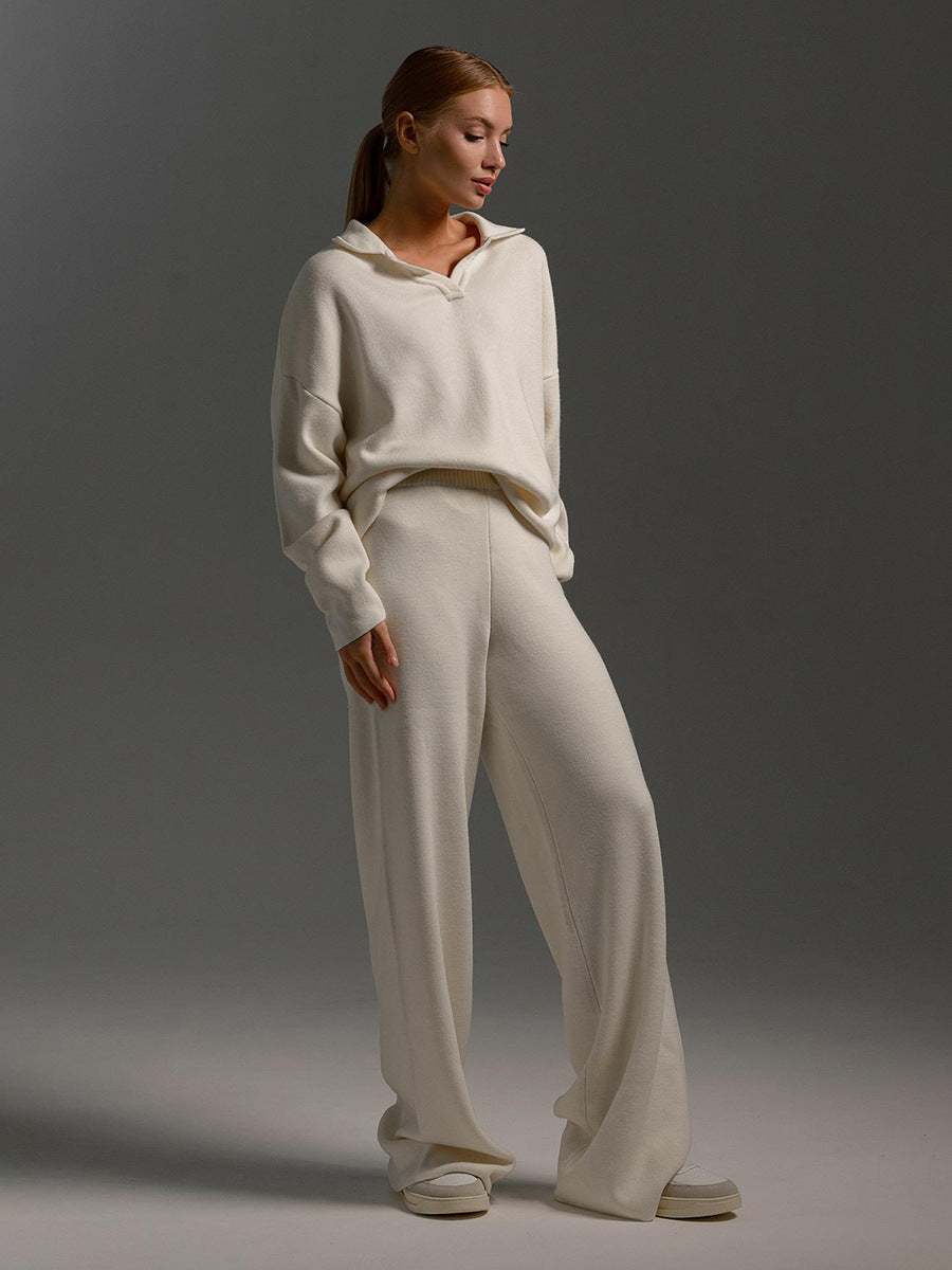 Women’s Loungewear Set – Polo Neck & Wide Leg Pants