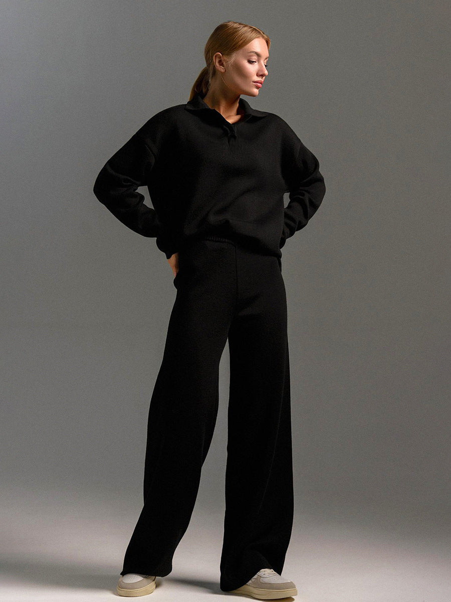 Women’s Loungewear Set – Polo Neck & Wide Leg Pants