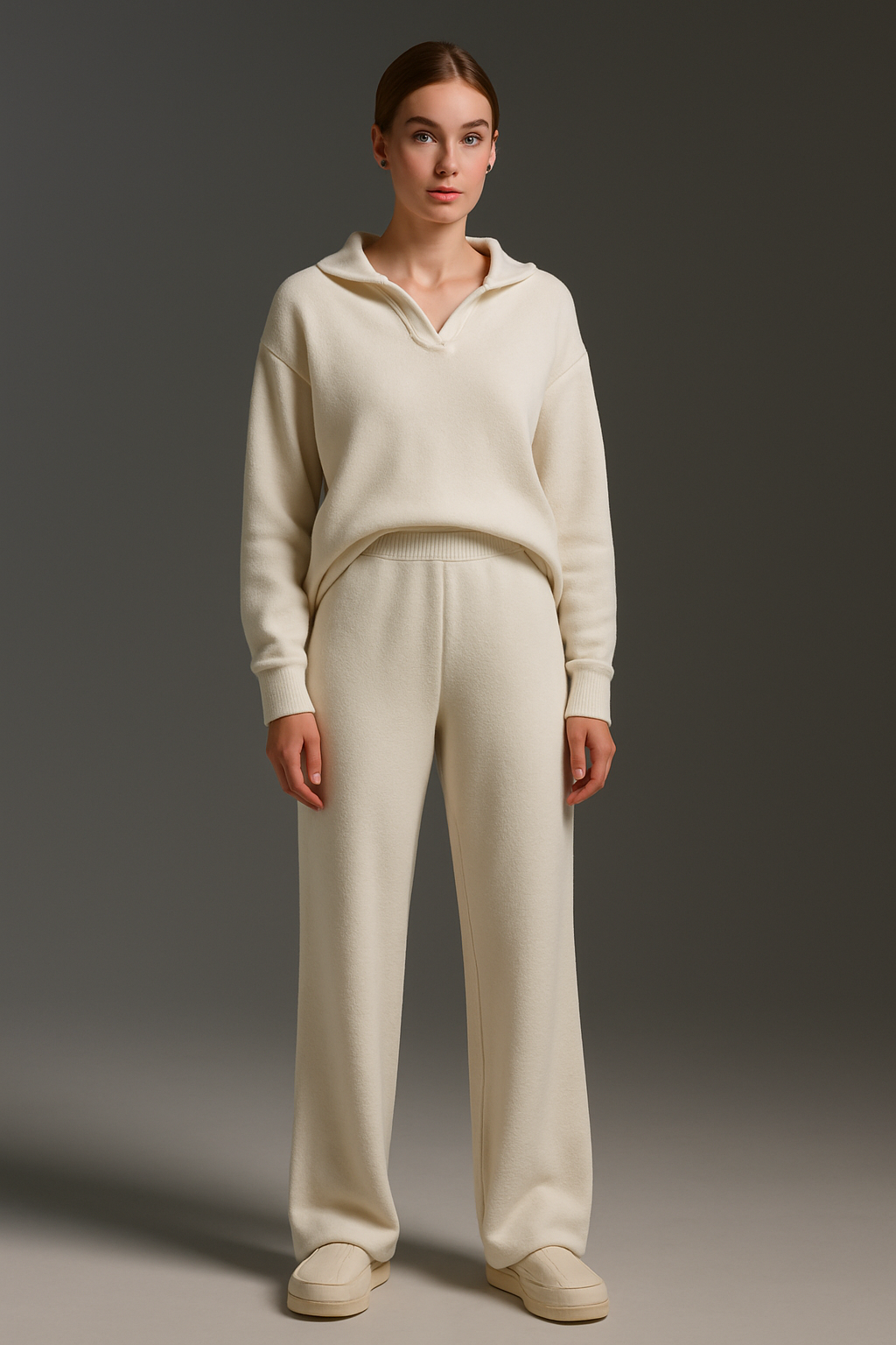 Women’s Loungewear Set – Polo Neck & Wide Leg Pants