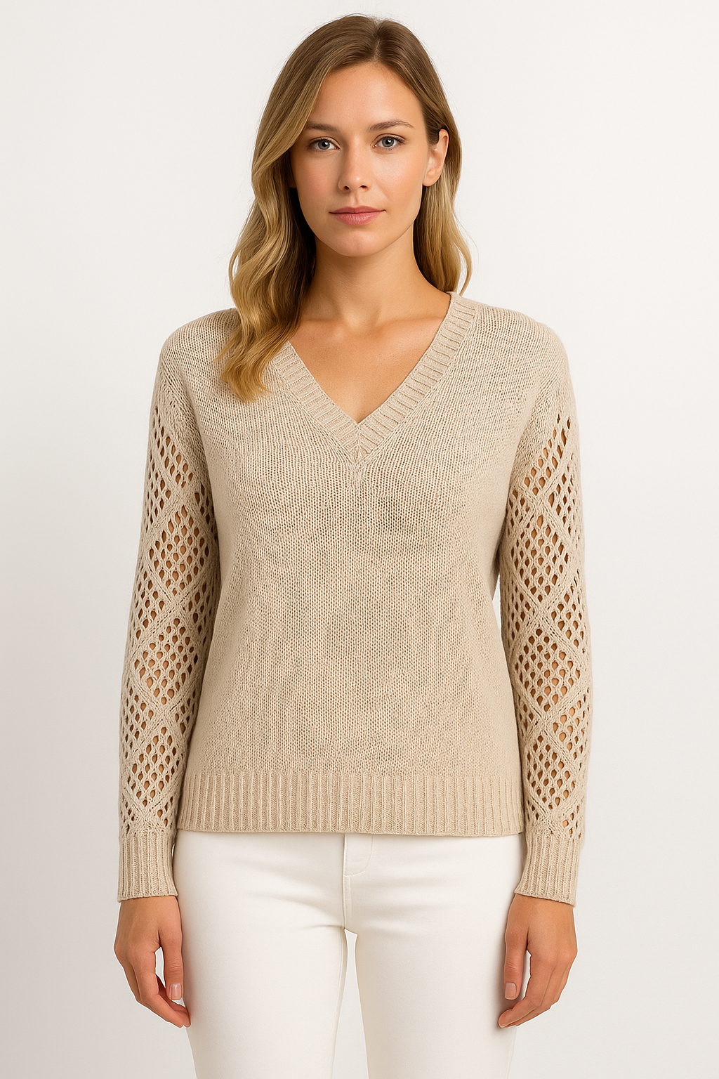 Women’s V-Neck Sweater – Cut-Out Sleeve Detail
