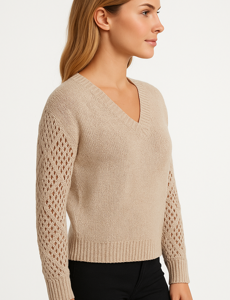 Women’s V-Neck Sweater – Cut-Out Sleeve Detail